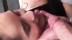two males cumming on the face of the naughty girl who had her face full of cum