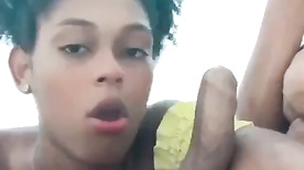Black girl giving a wet blowjob to the new guy's cock