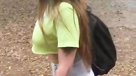 Amateur slut showed her breasts to the motoboy in the park