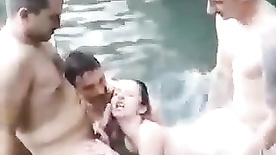 Blonde got drunk at the barbecue and fucked with three in the pool