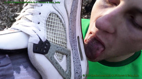 Gay man with podolatry fetish licking the sole of his man's shoe