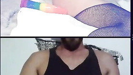 Amateur masturbating on webcam while a pervert jerks off