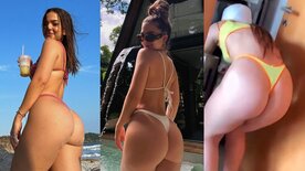 Mel Maia being spotted by her friend in a thong bikini