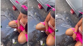 Carnival porn hot brunette pissing on the sidewalk