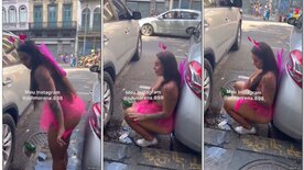 Carnval porn hottie pissing in the street during the day