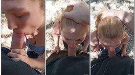 Naughty blonde crown sucking thick cock in the woods