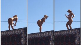 Flagra morena cavala dancing naked on top of the wall
