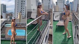 Arlequinaa pelada se exibindo no prédio
