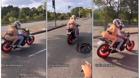 Aline Faria riding a motorcycle in thong panties