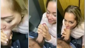 Naughty girl paying blowjob in the elevator
