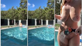 Wet Melons naked showing her tits in the pool