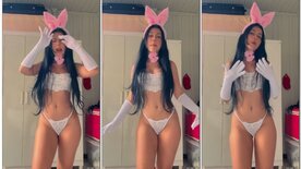 Young girl dressed as a naughty bunny making fun on the internet