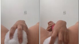 Young girl masturbates with pompom and dildo until she cums