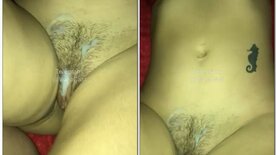 Young girl with hairy pussy fucks hot and gets milk