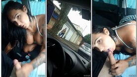Adventurous bitch sucks off her husband in the car