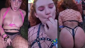 Hot redhead masturbating in public at a rave party