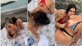 Married Mari sucking fat girl's tits on the beach