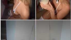Blonde dressed as a cowgirl sucks tasty until milk comes out of the cup to drink