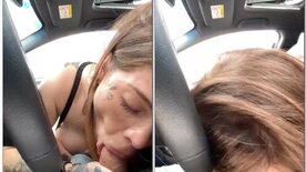 Leaked naughty brunette sucking cock inside the car paying professional blowjob