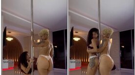 Tattooed brunette Torinha and Melissa Montagnole in pole dance two hotties