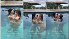 Luana Morais e Angel Kwy peladas se beijando molhadas na piscina