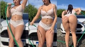 Com os peitinhos molhadinhos a rabuda Adria Marcela lava o carro e mostra a raba