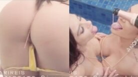 Na Piscina peladinhas as putinhas Luiza Marcato e Mari reis pagam boquete e fodem gostoso