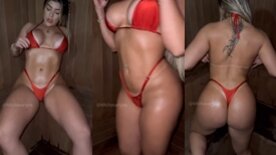 Micha Vargas in the sauna showing off her tits and hot gym ass