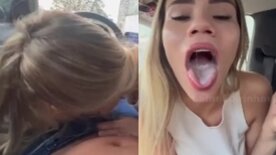 Mamando a pica do dotado dentro do carro a putinha Laine Loirinha engole porra