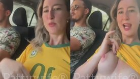 Brazilian married Patty Wife showing off her natural tits in the car